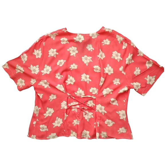 90s skirt shirt floral light v-neck short sleeve midi stretch A-line coral wm 16 - Picture 4 of 11